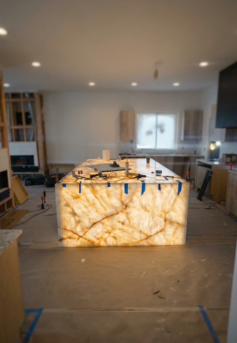 Backlit onyx waterfall island in a luxury kitchen build — Gold Remodeling, BQ Productions