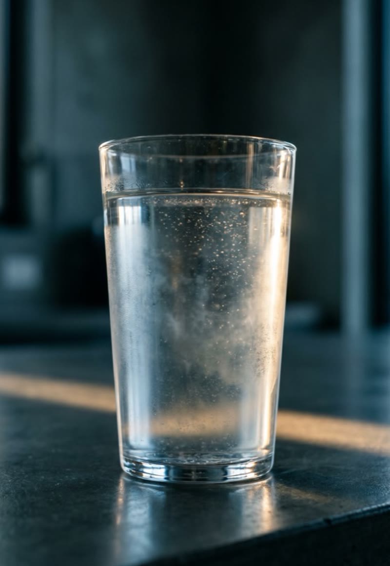 Clean glass of filtered water on a steel counter — Elite Water Systems, cinematic AI by BQ Productions
