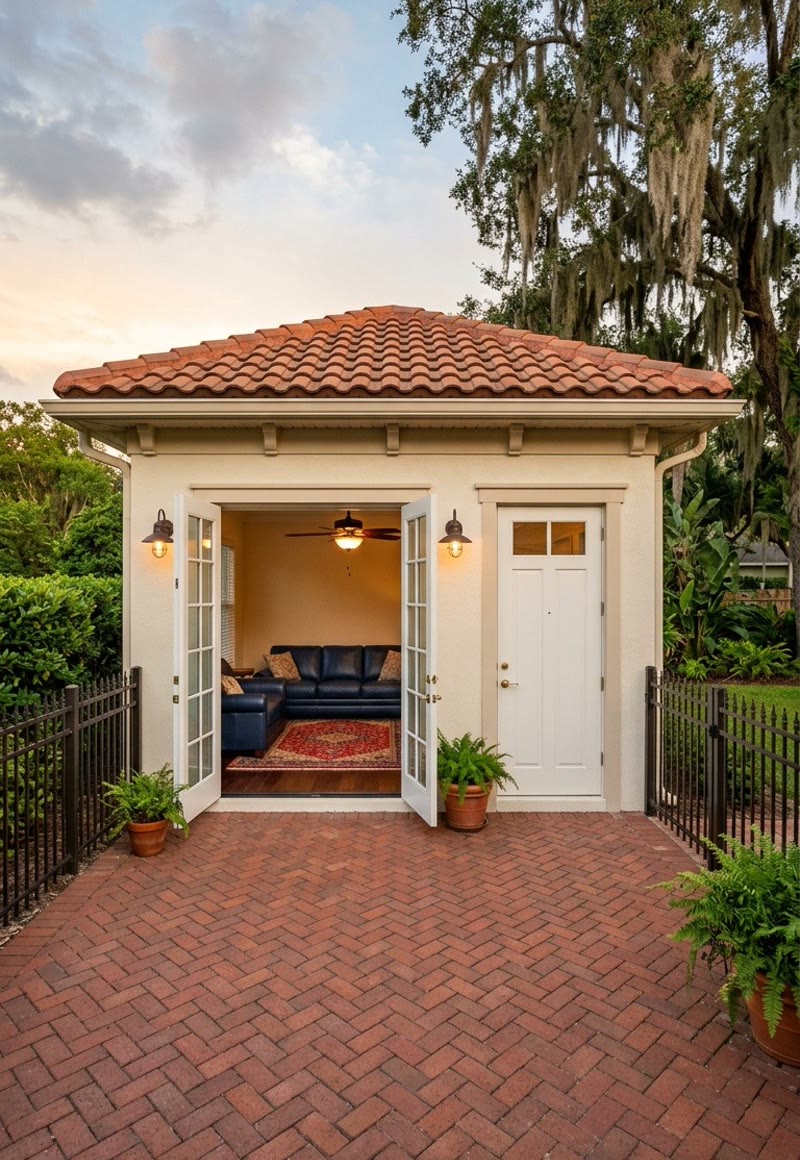Finished detached ADU guest house with open French doors at dusk — Mint Builders, BQ Productions