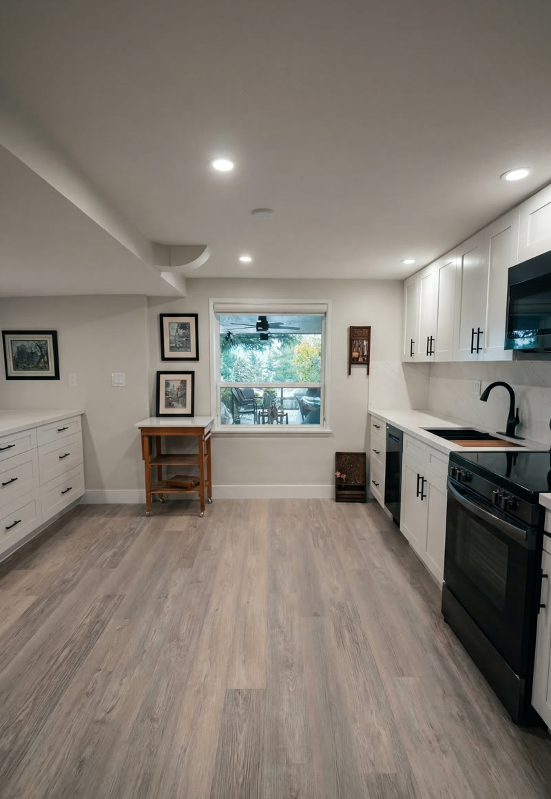 Finished basement kitchen and dining area — Gold Remodeling, BQ Productions
