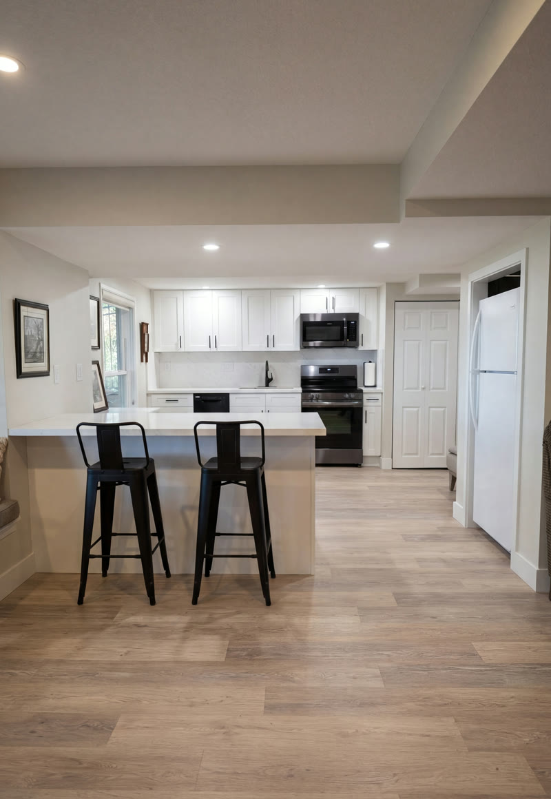 Finished basement kitchenette with bar stools — Gold Remodeling, BQ Productions