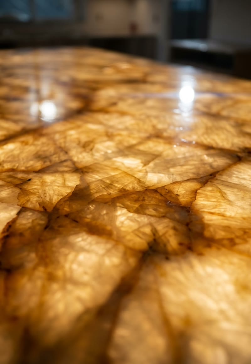 Backlit onyx kitchen countertop glowing — cinematic AI render for Gold Remodeling by BQ Productions