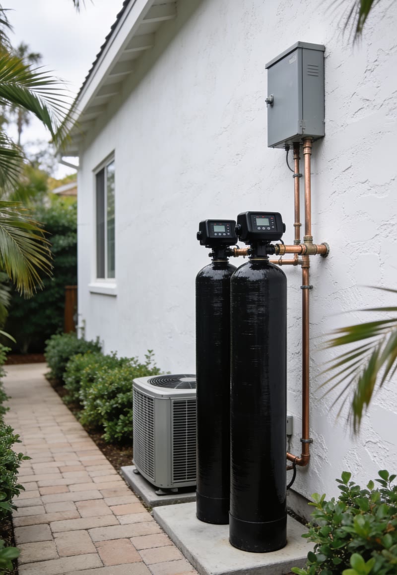 Whole-home water filtration tanks installed on a Florida side yard — Elite Water Systems, BQ Productions